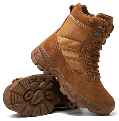 KEHTUNAHT Herren Militärstiefel Einsatzstiefel Atmungsaktiver Springerstiefel Rutschfeste Kampfstiefel Armeestiefel mit Seitlichem Reißverschluss Außenbereich Security Tactical Stiefel,Brown-43EU