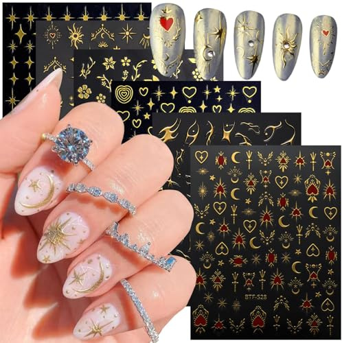 Hebterrka Autocollants dorés pour nail art, soleil, lune, étoiles, cœur, ligne, fleur, autocollants 3D, décorations de manucure DIY