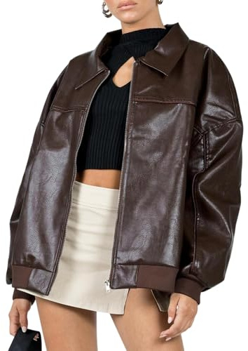 ZZEVOLSS Women Oversized Leather Jacket Zip Up Motorcycle Bomber Coats Faux Pu Leather Moto Jacket Trendy Fall Winter Outwear, Brown, S