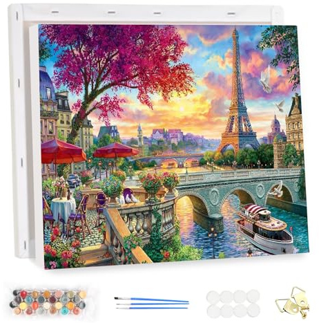 MEIYUDA Pintar por Numeros Adultos con Marco París en primavera, DIY Pintura por Numeros Kit Manualidades, Cuadros por Numeros Pigmento Acrílico, Decoración para el Hogar Regalo de pared 40x30cm