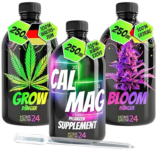 HOMEGROW24 Set de trio d'engrais, pour les soins complets des plantes de cannabis, set de 3 flacons de 250 ml, pour une récolte réussie et des plantes saines