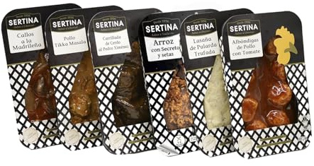 Sertina Platos Preparados Gourmet Paquete MIX SURTIDO de 6 x 350g - Albóndigas de pollo, Tikka masala, Arroz con Secreto de Cerdo, Lasaña Pularda, Carrilleras de Cerdo, Callos Al Estilo Madrileño.