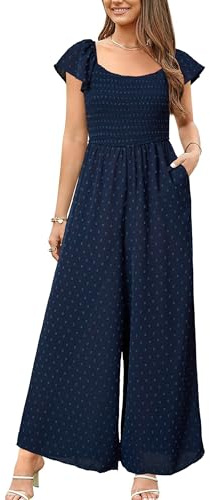 VOTEPRETTY Mono para mujer UK, manga corta, cuello cuadrado, fruncido, pierna ancha, mono largo de una pieza con bolsillos, L