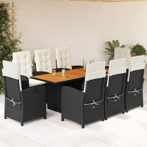 Teenpull 9-TLG. Gruppo da giardino nero in polyrattan resistente alle intemperie, con cuscino, sedie pieghevoli e piano in legno di acacia per esterni