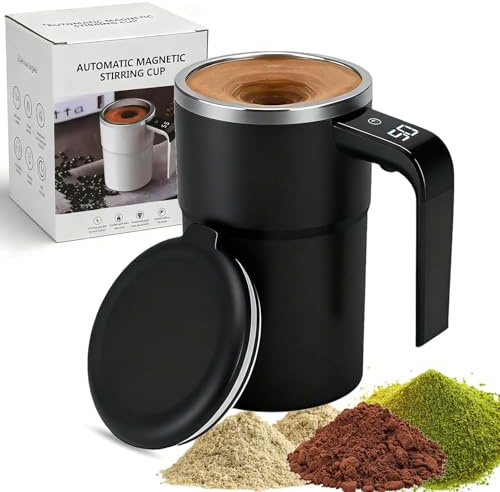 380ml Selbstrührende Tasse - Selbstrührende Magnetische Kaffeetasse mit Temperaturanzeige, wiederaufladbarer Self Stirring Mug, Intelligente Becher mit Deckel, für Milch und andere (Schwarz)