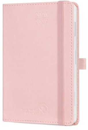 POPRUN Agenda Månadskalender 2026 2027 Pocket 16 x 10,5 cm, Juli'26 - Dec'27, 18 Månader, Liten A6 Kalender, Mjuk PU Läderomslag, Fickfack, Papper 100 gsm,Rosa