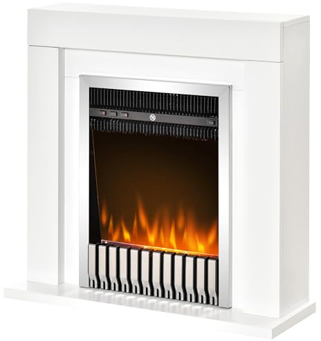 HOMCOM Camino Elettrico da Terra con Effetto Fiamma Realistico Caminetto Elettrico con Termostato Timer e Telecomando Protezione Antisurriscaldamento 1000W/2000W 79x26x77.5cm Bianco e Nero