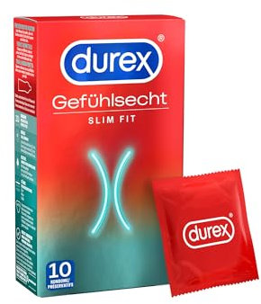 Durex Gefühlsecht Slim Kondome – Dünne Kondome mit schmaler Passform & mit Silikongleitgel befeuchtet– 10er Pack (1 x 10 Stück)