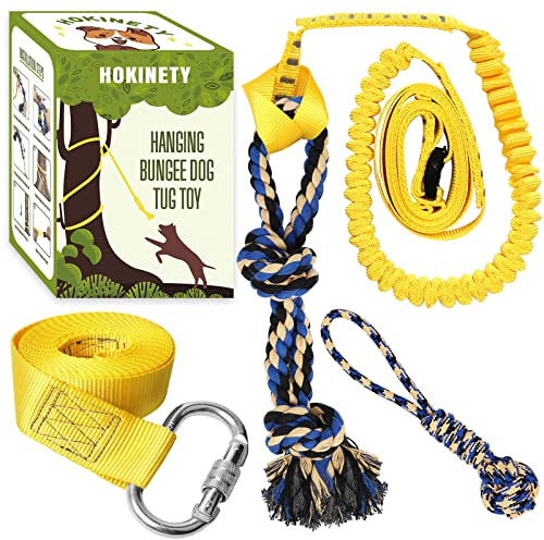 HOKINETY Dog Hanging Bungee Tug Toy: Interactive Tether Tug-of-War for Pitbull Small to Large Dogs to Exercise and Fun Solo Play - Durable Retractable Tugger Dog Rope Toy with 2 Chew Rope Toys