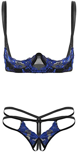 iEFiEL Completo Intimo Aperto Donna Babydoll Lingerie in Pizzo Floreale Reggiseno Push Up Perizoma Vita Bassa Set di Biancheria Intima Camicia da Notte Pigiama Underwear Blue A Taglia Unica