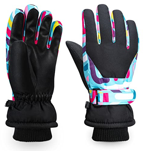 ThxToms Gants de Ski Enfant | Gants de Ski de Neige d'hiver -15℃ | Coupe-Vent Imperméable Chaud | Temps Froid épaissi en PU | Sports de Plein air Snowboard Ski Vélo | Jeunes Filles de 4 à 13 Ans
