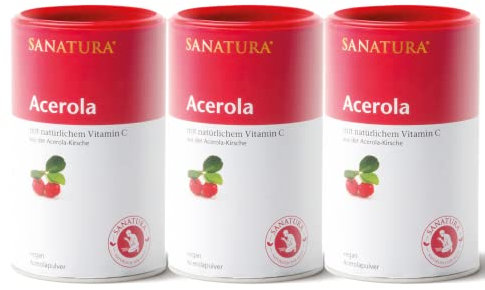 Sanatura Acerola Pulver 3 x 175 g (3er Pack) – natürliches Vitamin C hochdosiert – aus der Acerolakirsche – einfache Anwendung – sehr ergiebig – vegan