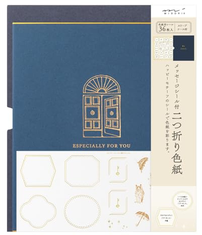 Midori 33277006 Colored Paper, Bi-Fold, With Sticker and Sleeve Case, Door, Navy Blue