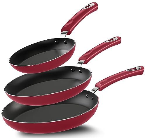 KICHLY Set Padelle antiaderenti in alluminio – set padella 3 pezzi induzione fondo, 20cm, 24cm e 28cm, nero (Rosso)