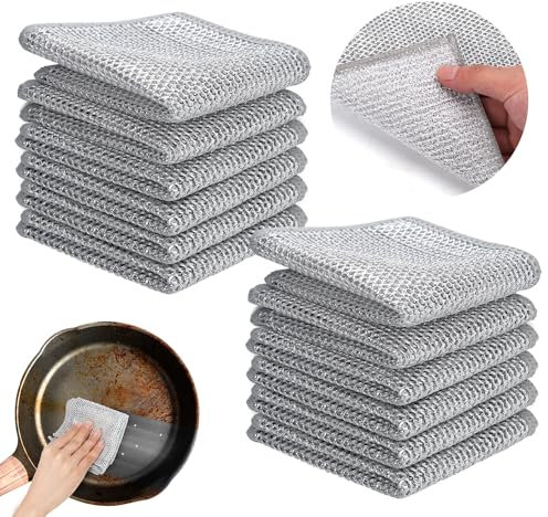 NQEUEPN 12 Piezas Paños de Cocina de Alambre Multifuncional, 23x18cm Antirrayas Trapos Multiusos de Alambre & Fibra Vegetal Paño de Cocina de Malla de Alambre Fregaplatos para Cocina