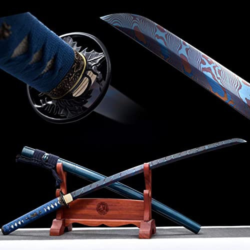 103cm Blaues Ahornblatt Katana,Hundert raffiniertes Muster Stahl gegrillt Blaue Leitermuster Klinge,Eisenhandschutz,Handgefertigte Samurai-Schwerter für Geschenk,Display,Sammlung