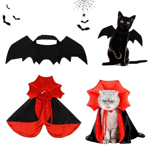 VireEyU Set Costume da Halloween per Animali Domestici, Mantello da Vampiro e Ali di Pipistrello per Gatti e Cani Piccoli, Divertente Set di Travestimenti, Perfetto per Feste di Halloween e Cosplay.
