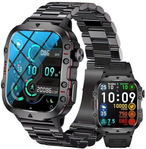 DBOGA Militär smartklocka för män (svar/ringa samtal), 5 ATM vattentät fitnessklocka fitnessklocka med puls/SpO2/blodtryck, Bluetooth-smartklocka för Android iPhone, med 2 klockarmband