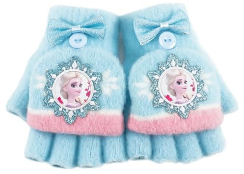 Froz Kinder Halbfinger Handschuhe, Froz Fingerlose Fäustlinge Mädchen, Winter Cartoon Fingerhandschuhe, Froze Strickhandschuhe, Thermohandschuhe mit Klappe, Winterhandschuhe 5-12 Jahre Alt