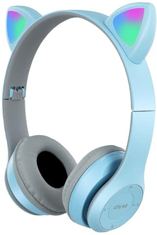 QCXWCJWD Cuffie Bluetooth per bambini con microfono, cuffie Bluetooth per bambina, auricolari wireless con orecchio di gatto, auricolari pieghevoli per bambini per la scuola, viaggi (blu)