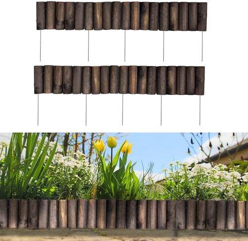 LaLaGreen Garden Edging Border (36x6, 2 Pack) Small Wood Fence Panel for Yard Lawn Landscape Patio Pathway Trees Decor, Expandable Brown Wooden Stakes Decorative Flower Bed Fencing Outdoor No Dig