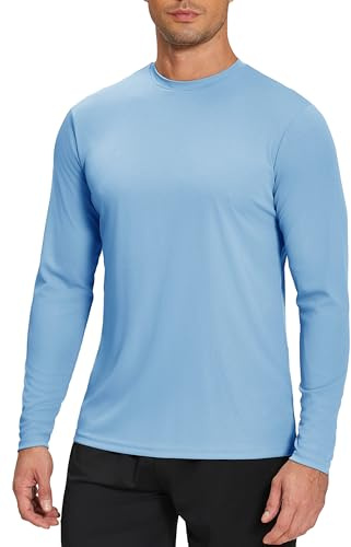 Weardear T-Shirt Anti UV Homme Rashguard T Shirt de Sport UPF 50+ Top Extérieur en Col Rond Solaire Léger Uni Tee Shirt Manche Longue Bleu Clair M
