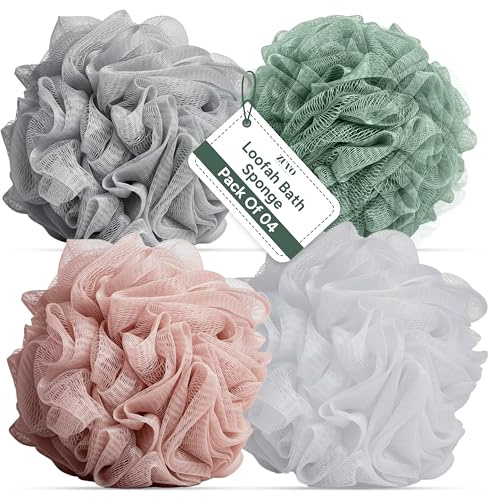 Zuvo Loofah Bath Sponge (Pack of 4) – Soft & Durable Shower Puffs for Deep Exfoliation – Unisex Body Scrubber, Eco-Friendly and Skin-Safe, Assorted Colours
