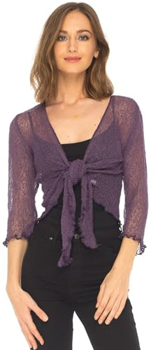 NetSetUK Women’s Fish Net Tie Up Shrug 3/4 Sleeve Fine Knitted Ladies Bolero Shrug Top Jacket Cardigan One Size Purple