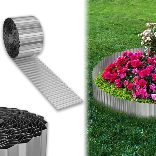 UISEBRT Cortenstål gräskant, galvaniserad rabattgräns av metall, lätt att montera, 18 cm mycket flexibla gräsmattkanter, rotspärr, blomrabatt eller som klippkantlängd justerbar (10 m, silver)