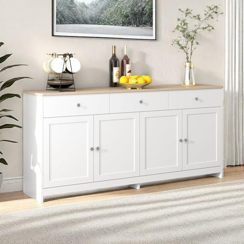 OLIVIBED Credenza Cucina, Credenza Buffet con 4 Ante e 3 Cassetti, Ideale per Soggiorno, Ingresso, Foyer e Sala da Pranzo, Stile Country, 160x37x75cm, Colore Bianco