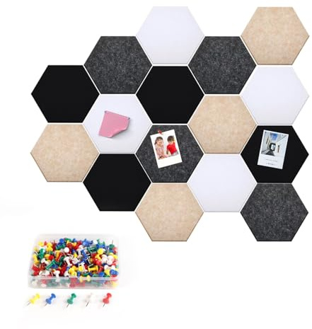 Lot de 16 grands tableaux d'affichage hexagonaux en feutre - Bulletin en feutre - Avec épingles - Carreaux muraux multifonctions pour décoration murale dans la maison, l'école et le bureau (A)
