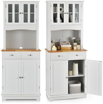 KOMFOTTEU Alacena de Cocina Alta, Aparaor con Encimera, 2 Cajones y Estantes Ajustables, Mueble Despensa de Madera con Puertas, Mueble Buffet para salón, 69 x 41 x 170 cm (Blanco)