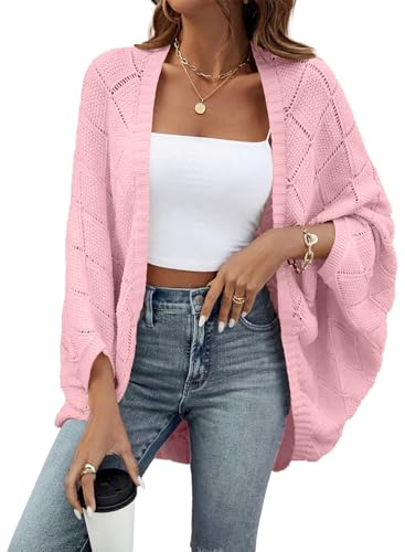 Sidefeel Women's Cardigan Kimono Boho Batwing Long Sleeve Lightweight Soft Oversized Open Front Shrugs Sweater Pink Small