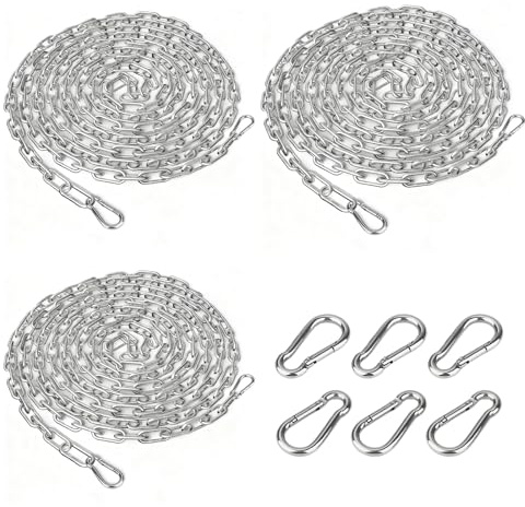 Fatiya Lot de 3 chaînes de suspension robustes de 3 m avec 6 mousquetons, longue chaîne utilitaire en acier inoxydable, cordon de suspension en métal pour extérieur, intérieur, vêtements, lampes