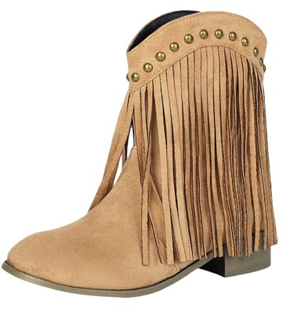 Generiska västerländska stövlar dam cowgirl cowboystövlar mocka stövlar låg klack ankelstövlar med fransar damstövlar nitar korta stövlar bekväma slip-stövlar eleganta halvstövlar