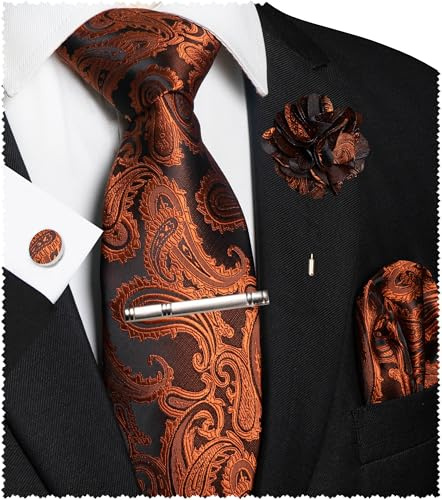 JEMYGINS Paisley broderi design slips set män näsduk slipsklämma manschettknappar knappblomma för bröllop fest affärer flerfärgad, Rost orange, M
