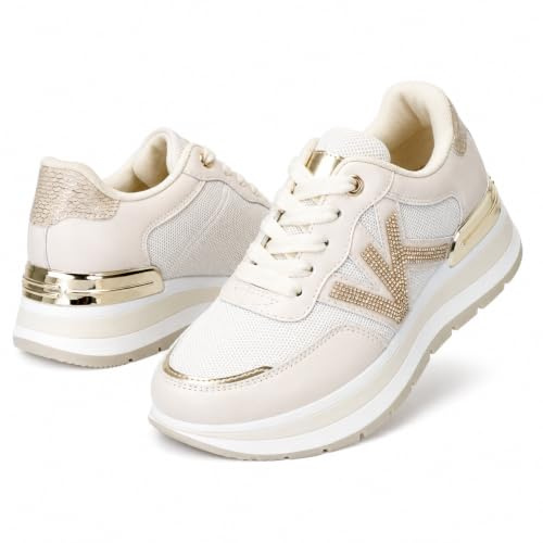 CLEIKS Sneakers Donna Beige con Dettagli in Oro Design Glam con Strass Scarpe Platform Traspiranti e Comode (Beige, 36EU, WSC260162-7)