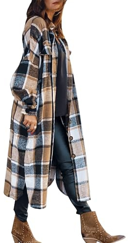 SKIKYAN Women Fall Flannel Plaid Shacket Jacket Oversized Button Down Long Shirt Jacket (Brown, Large)