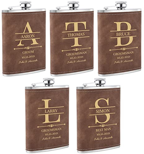 Wedding Flasks for Groomsmen Set of 5, Personalized Groomsmen Gift, Customized Engraved 304 Steel Stainless Hip Flask for Best Man Groom Father of Bride, Brown
