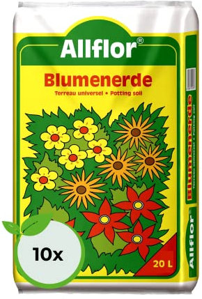 Allflor Blumenerde I 10 x 20 L I gebrauchsfertige Universalerde I hochwertige Erde im 20 Liter Beutel I Für alle Balkon- und Zimmerpflanzen geeignet I Enthält alle wichtigen Pflanzennährstoffe