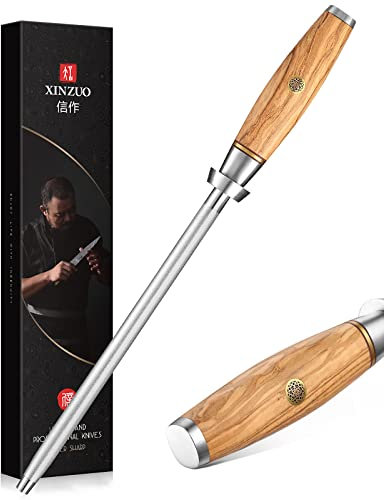 XINZUO Diamante Acciarino per Affilare 36.2cm, Professionale Acciaio ad Alto Tenore di Carbonio Acciaini Affilatori, Per Affilare vari Coltelli da Cucina -Manico in Legno d'Ulivo -Serie Lan