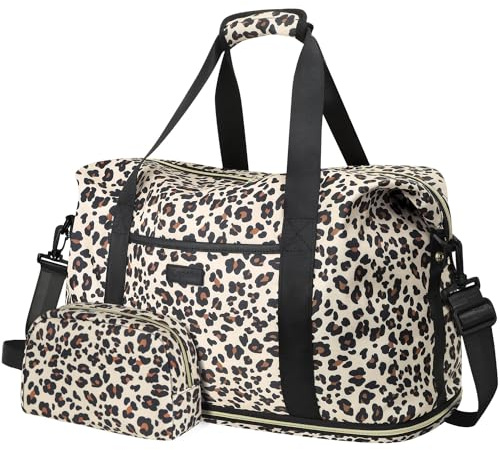 Expandable Travel Duffle Bag, Waterproof Weekender Overnight Bags for Women Men Hospital Bag for Women Labor Delivery Carry on Bag with Toiletry Bag for Travel Gym Airplanes(Leopard, X-Large)