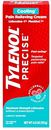 Tylenol Precise Cooling Cream, Strong Pain Relief with Fast-Acting Sensation, 4% Lidocaine, 1% Menthol, Maximum OTC Strength Relief for Back, Muscle & Joint, Numbing Cream Rollerball Applicator, 4 oz