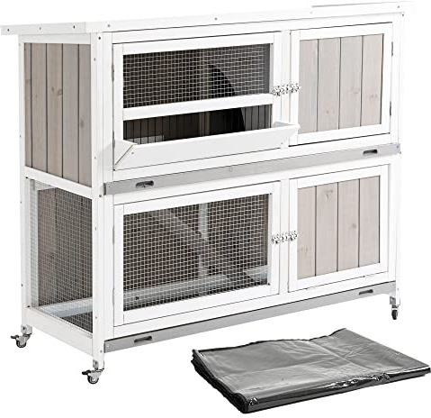 PawHut 2-Tier Double Decker Rabbit/Guinea Pig Hutch Wooden Bunny Cages with Sliding Tray, Ramp and Wheel, Cover - (Grey)