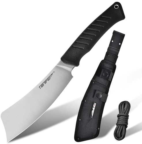 TONIFE Hercules Full Tang 8Cr14MoV Couteau à lame fixe avec fourreau et paracorde, lame hachoir pour extérieur, camping, survie