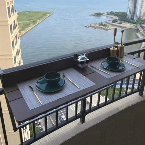 AYHARYLH Balcony Folding Deck Table, Mountable Patio Railing Dining Table, Bar Counter, Adjustable Height, Hanging Table Laptop Desk, Brown, 60*27cm/24*10.6in