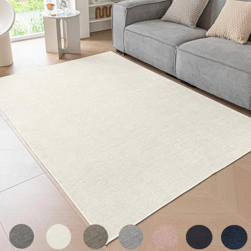 Ceneco Kurzflor Teppich, Chenille Teppich Kurzflor Wohnzimmer,Rutschfester Teppiche, Waschbarer Teppiche Schlafzimmer, Weicher Dünner Tepich Kinderzimmer, Büro, Lounge(Creme, 60×90cm)
