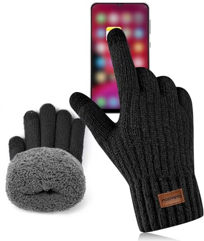 FORVEVO Mens Gloves, Winter Thermal Gloves Womens, Warm Knit Touchscreen Glove with Fleece Lining for Running Cycling Biking Driving Walking (Black)