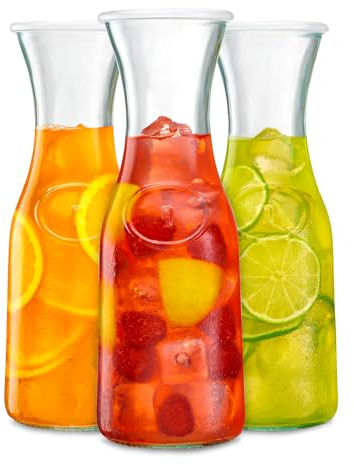Vikko Glass Water Carafe With Lid, Set of 3 Small Glass Juice Carafes for Mimosa Bar, 1 Liter Glass Pitcher for Mimosa Bar, MIlk, Iced Tea, Dishwasher Safe, Mimosa Bar Supplies