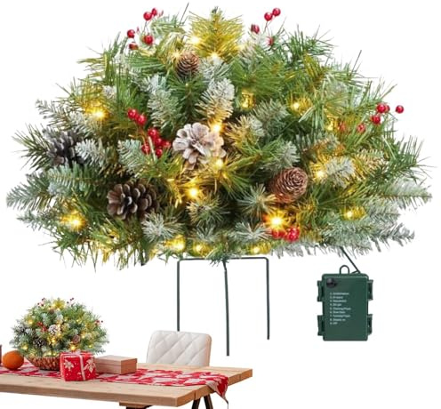 Artificial Christmas Filler Illuminated - Pre-lit Christmas Pine Trees with Cones | 16 Inch Christmas Tree with Stand, 50 LED Lights, Outdoor Illuminated Planter Filler